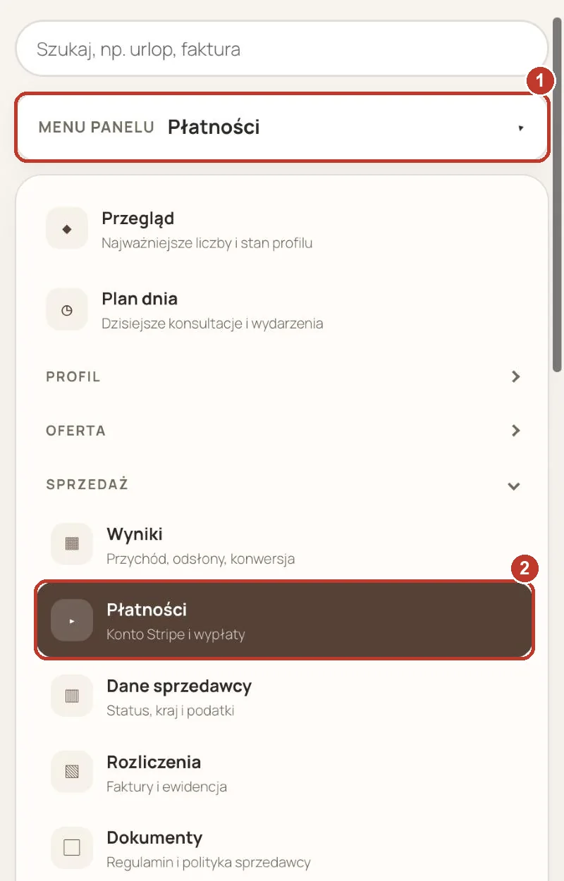 Menu panelu (1) → Sprzedaż → Płatności (2).