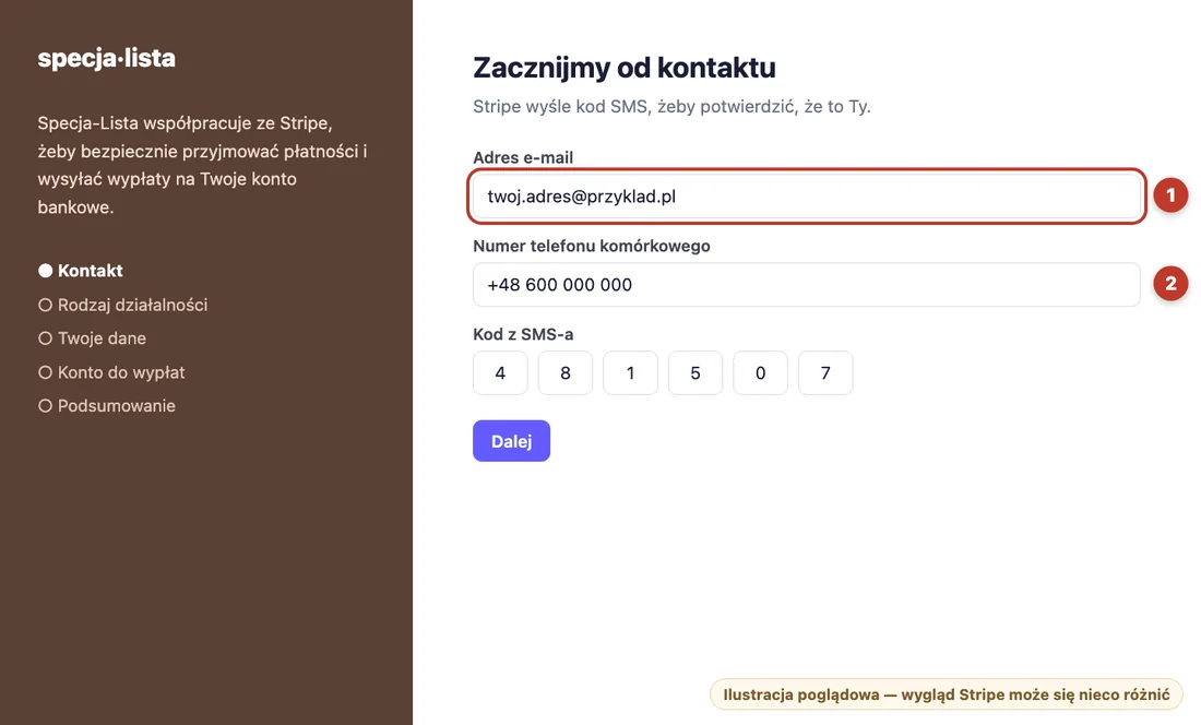 E-mail (1) i telefon (2), potem kod z SMS-a.