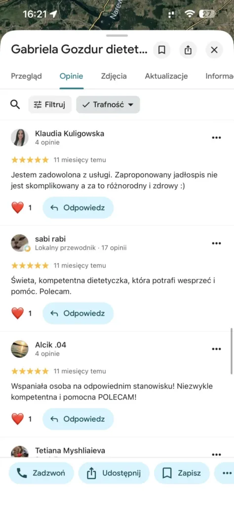 Zrzut ekranu z opinią o specjaliście